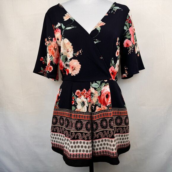 Trixxi Tops - Trixxi Clothing Co Romper Sz S Black Navy Floral Ruffled Sleeve Surplice Wrap
